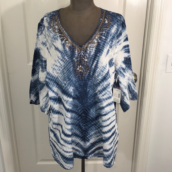 NWT 3/4 Sleeve Tie Dye Beaded Neckline Blouse - Picture 1 of 5